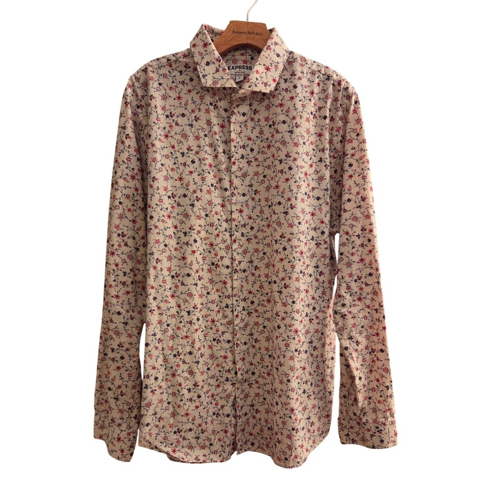 Express Extra Slim Fit Floral Button Down Shirt Men 100% Cotton Long Slv Sz XL